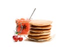 Stack of scotch pancakes with wild apples jam isolated on white Royalty Free Stock Photo