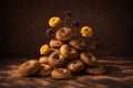 Stack of seeded bagels with small flowers on dark textured surface. Sculptural food composition, natural still life Royalty Free Stock Photo