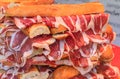 Serrano iberico ham sandwiches on display at a local sandwich shop in Madrid, Spain Royalty Free Stock Photo