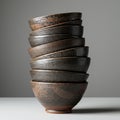 A stack of seven ceramic bowls with a textured, speckled surface, featuring shades o Royalty Free Stock Photo