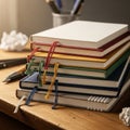 A stack of seven hardcover notebooks with different colored covers (white, red, Royalty Free Stock Photo