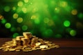 A stack of shimmering gold coins rests on a sturdy wooden table, representing riches and enticing possibilities Royalty Free Stock Photo