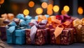 Stack of shiny gift boxes on wooden table generated by AI Royalty Free Stock Photo