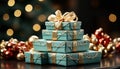 Stack of shiny gift boxes, wrapped in gold, illuminated by Christmas lights generated by AI