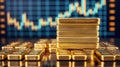A stack of shiny gold bars In the background a large digital screen displaying a graph with a gold price trend. Created with Royalty Free Stock Photo