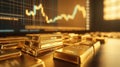 A stack of shiny gold bars In the background a large digital screen displaying a graph with a gold price trend. Created with Royalty Free Stock Photo