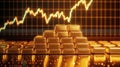 A stack of shiny gold bars In the background a large digital screen displaying a graph with a gold price trend. Created with Royalty Free Stock Photo