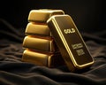 Stack of Shiny Gold Bars with a Leaning Bar Featuring \'GOLD\' Text on a Black Cloth Royalty Free Stock Photo