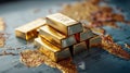 Generative AI Stack of shiny gold and silver bars on a world map background for investment business concept. Royalty Free Stock Photo