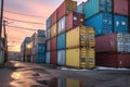 stack of shipping containers near a warehouse building