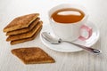 Stack of shortbread cookies with sugar and cinnamon, cup of tea, spoon on saucer on table Royalty Free Stock Photo