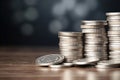 Stack of silver coins, background with copies, black background