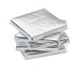 Stack of silver foil wrapped square chocolate bars