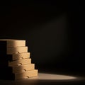 A stack of six brown cardboard pizza boxes is arranged neatly on a dark surface. The Royalty Free Stock Photo