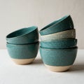 A stack of six ceramic bowls with a speckled turquoise glaze on the upper half and a Royalty Free Stock Photo