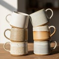 Stack of six ceramic mugs balanced in two columns on a wooden surface. Mugs featu Royalty Free Stock Photo