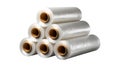 Stack of six clear plastic stretch wrap rolls isolated on white background Royalty Free Stock Photo