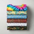 A stack of six folded T-shirts with various patterns and colors Royalty Free Stock Photo