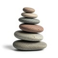 Stack of six smooth pebbles balanced vertically against a white background Royalty Free Stock Photo