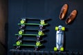 A stack of skateboards is standing against the wall Royalty Free Stock Photo