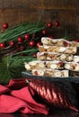 Stack of slices of traditional festive Christmas Italian style Panforte fruit cake