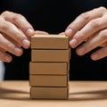 Stack of small, rectangular cardboard boxes in a vertical tower. Two hands, with Royalty Free Stock Photo