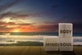 Stack of small wooden cubes with the text of mind, body, and soul on the table Royalty Free Stock Photo