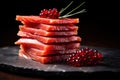 a stack of smoked salmon slices with red berries