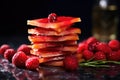 a stack of smoked salmon slices with red berries