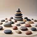 Stacked balanced stones on sand with scattered pebbles rocks Royalty Free Stock Photo