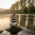 A stack of smooth, flat stones is balanced on a moss-covered rock in a river. The arrangement Royalty Free Stock Photo