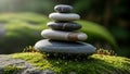 A stack of smooth flat stones balances precariously forming a cairn Royalty Free Stock Photo