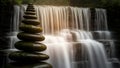 Zen Stone Stack Beside Serene Waterfall in Forest Nature Scene Royalty Free Stock Photo