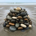 Stack of smooth, multicolored pebbles sits on a sandy beach with subtle Royalty Free Stock Photo