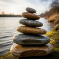Stack of smooth, multicolored stones balanced on a green, moss-covered surface beside a body of Royalty Free Stock Photo