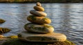 A stack of smooth, oval-shaped stones is artistically balanced on the banks of a river. Royalty Free Stock Photo