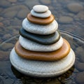 A stack of smooth pebbles is balanced in a pyramid shape, each stone differing in colo Royalty Free Stock Photo
