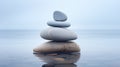 Stack of smooth pebbles in shallow water on the seaside, pebble cairn. Stone stack in a calm misty ocean. Generative AI Royalty Free Stock Photo