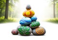 A stack of smooth, round stones decorated with vibrant paintings. Royalty Free Stock Photo