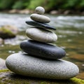 Stack of smooth stones balanced on each other, placed on a larger gray rock Royalty Free Stock Photo