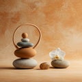 Stack of smooth stones balanced on a textured surface, forming a figure with a Royalty Free Stock Photo