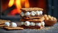 Stack of smores rests on dark surface. Marshmallows, chocolate filling between graham crackers. Cozy campfire in background Royalty Free Stock Photo