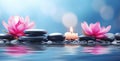 Pink water lilies on mineral pebbles and candle on the water. Royalty Free Stock Photo