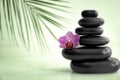 Stack of spa stones and beautiful orchid flower on light background Royalty Free Stock Photo