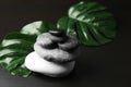 Stack of spa stones and green tropical leaves on dark table