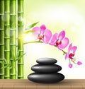 Stack of spa stones with orchid pink flowers and bamboo and sunl Royalty Free Stock Photo