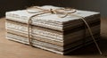 A stack of square, rustic paper sheets is neatly tied with thin, brown twine, forming a tidy Royalty Free Stock Photo