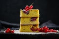 A stack of square slices of baked plum biscuit cake