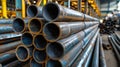 Stack of steel pipes in industrial warehouse ready for construction. Royalty Free Stock Photo