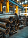 Stack of steel pipes in an industrial warehouse. Royalty Free Stock Photo